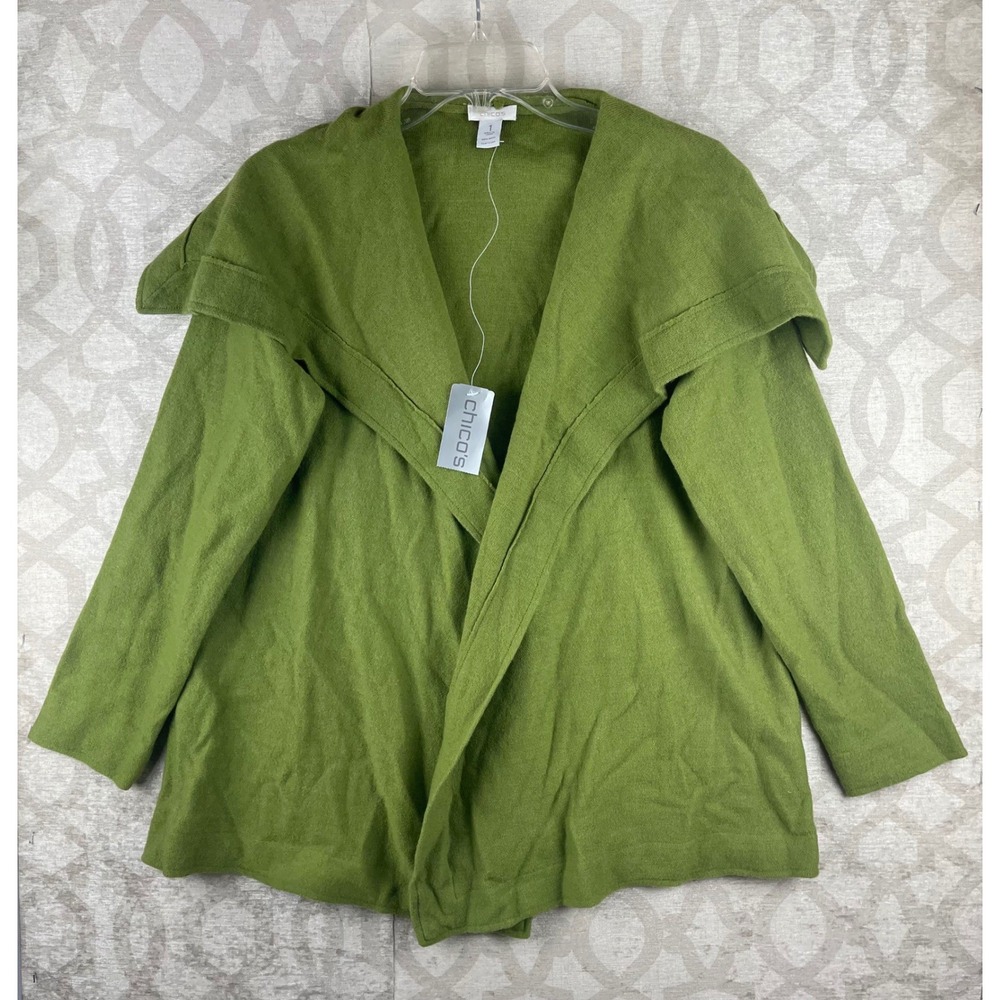 Chico's Dramatic Drape Cardigan Women Size 1 M Green 100% Wool Shawl Collar NEW